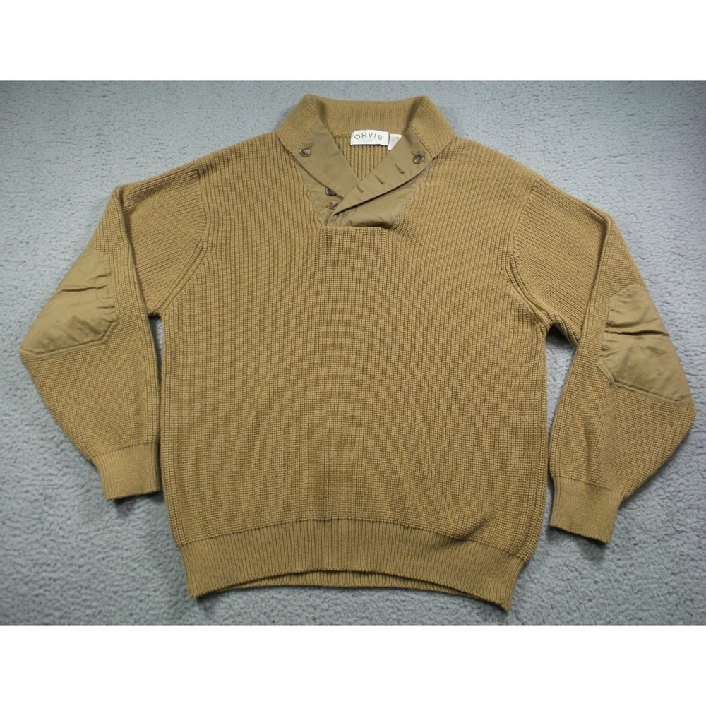 Vintage Orvis Sweater Mens Size Extra Large Khaki‎ Military Shawl Elbow Patches